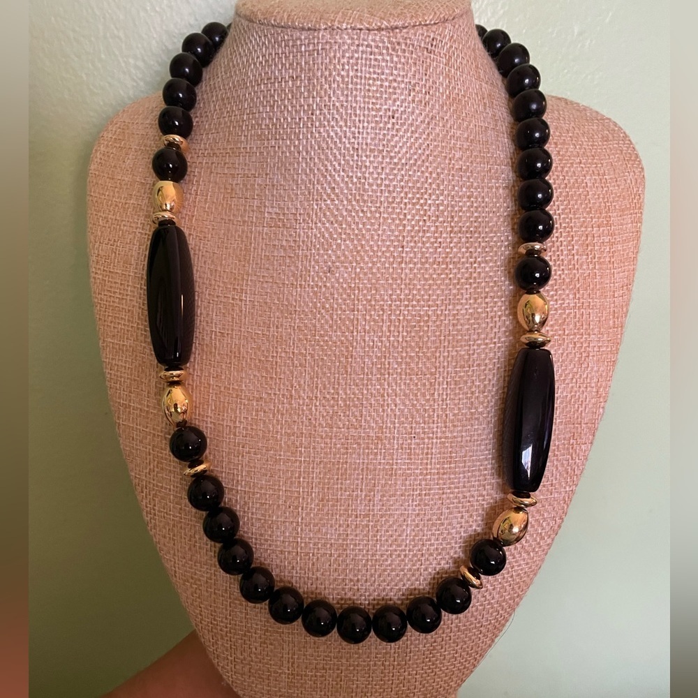 Elegant Vintage Napier Black and Gold Beaded Necklace